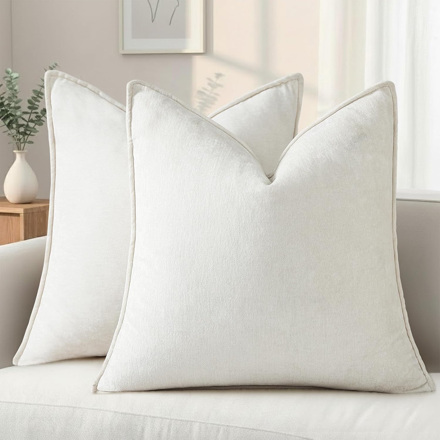 Beige Chenille Throw Pillow Covers Set of 2