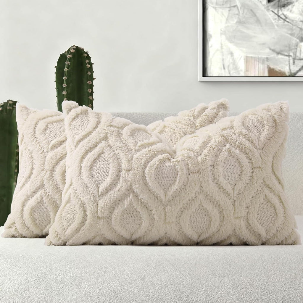 Beige Faux Wool Throw Pillow Covers Set of 2