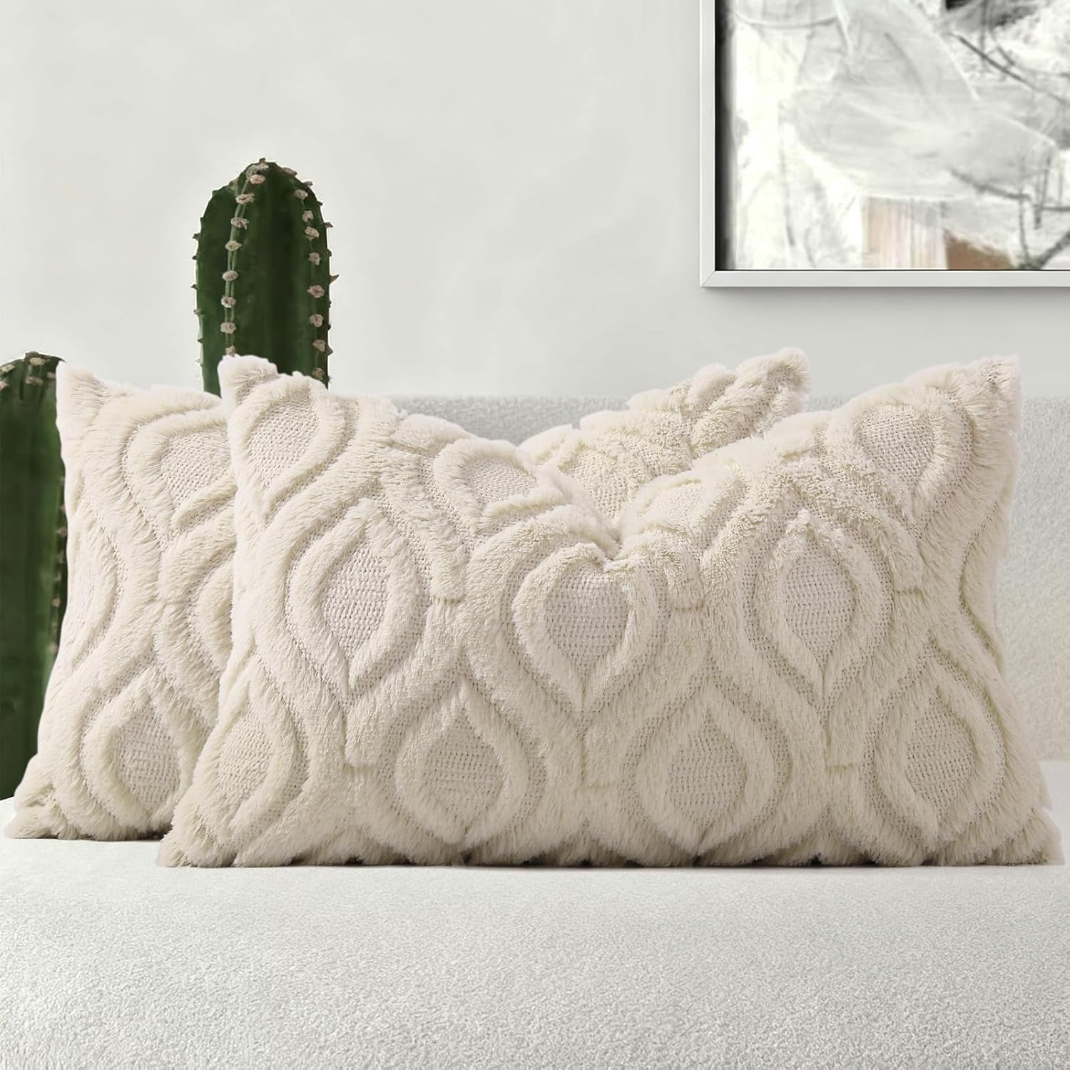 Beige Faux Wool Throw Pillow Covers Set of 2