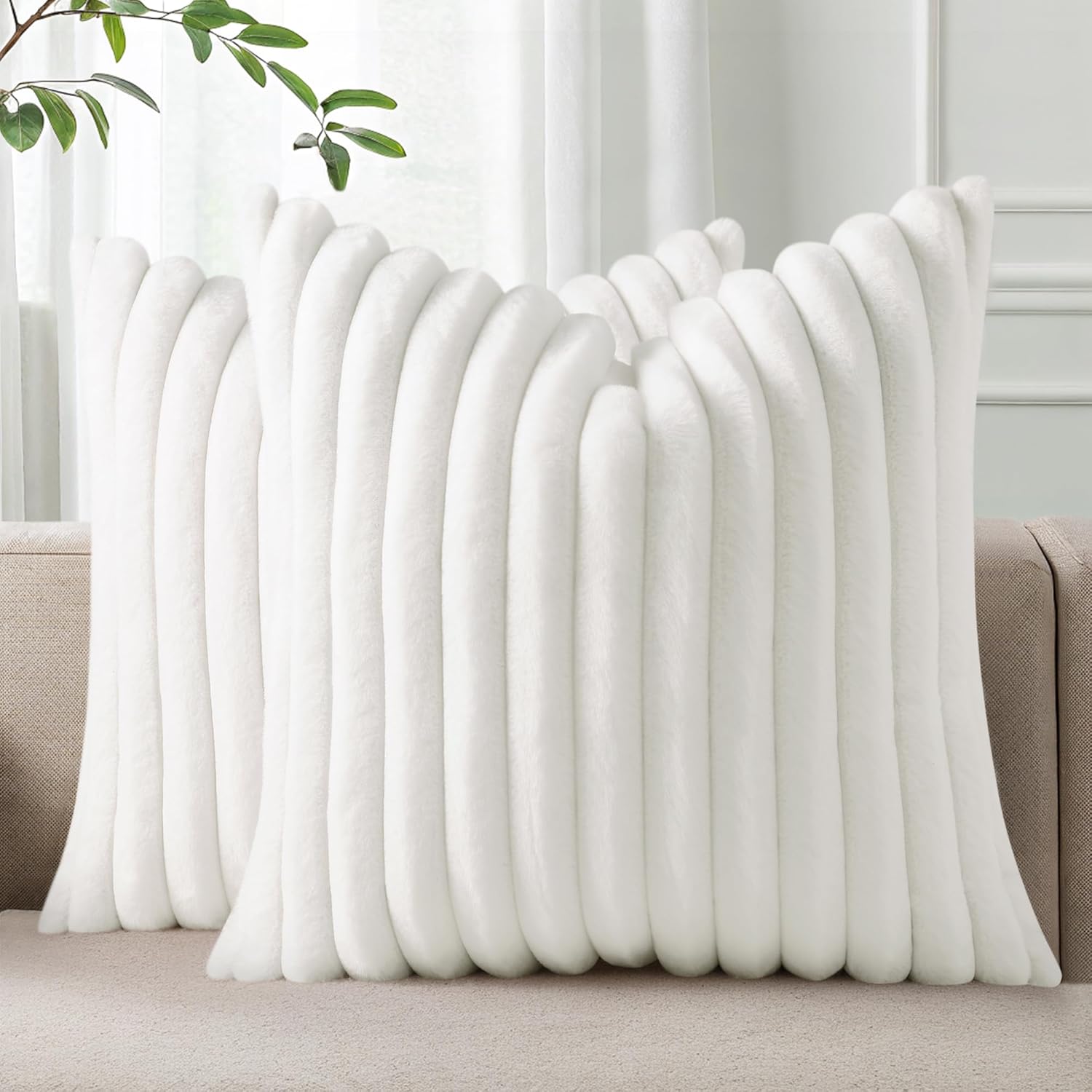 Cream White Striped Faux Fur Pillow Covers