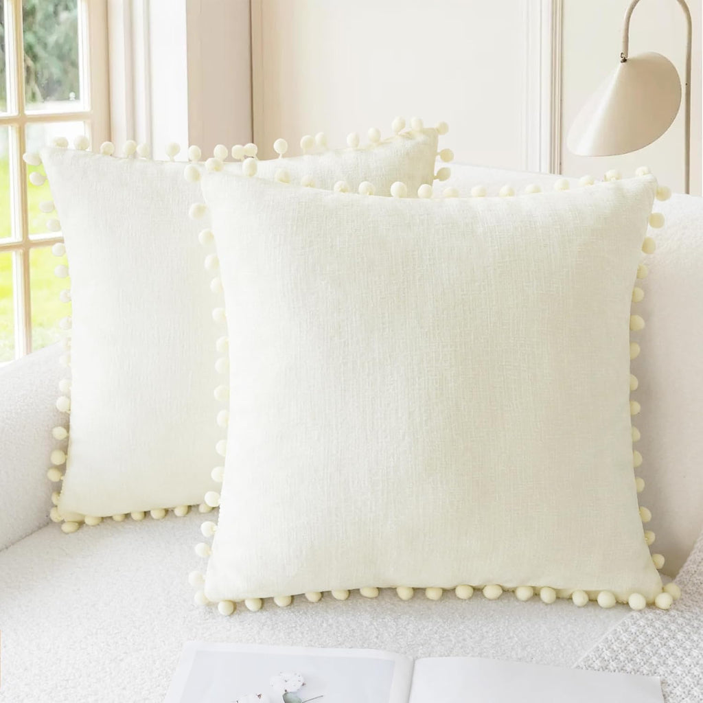 Apricot Brown Chenille Pillow Covers with Pom Poms