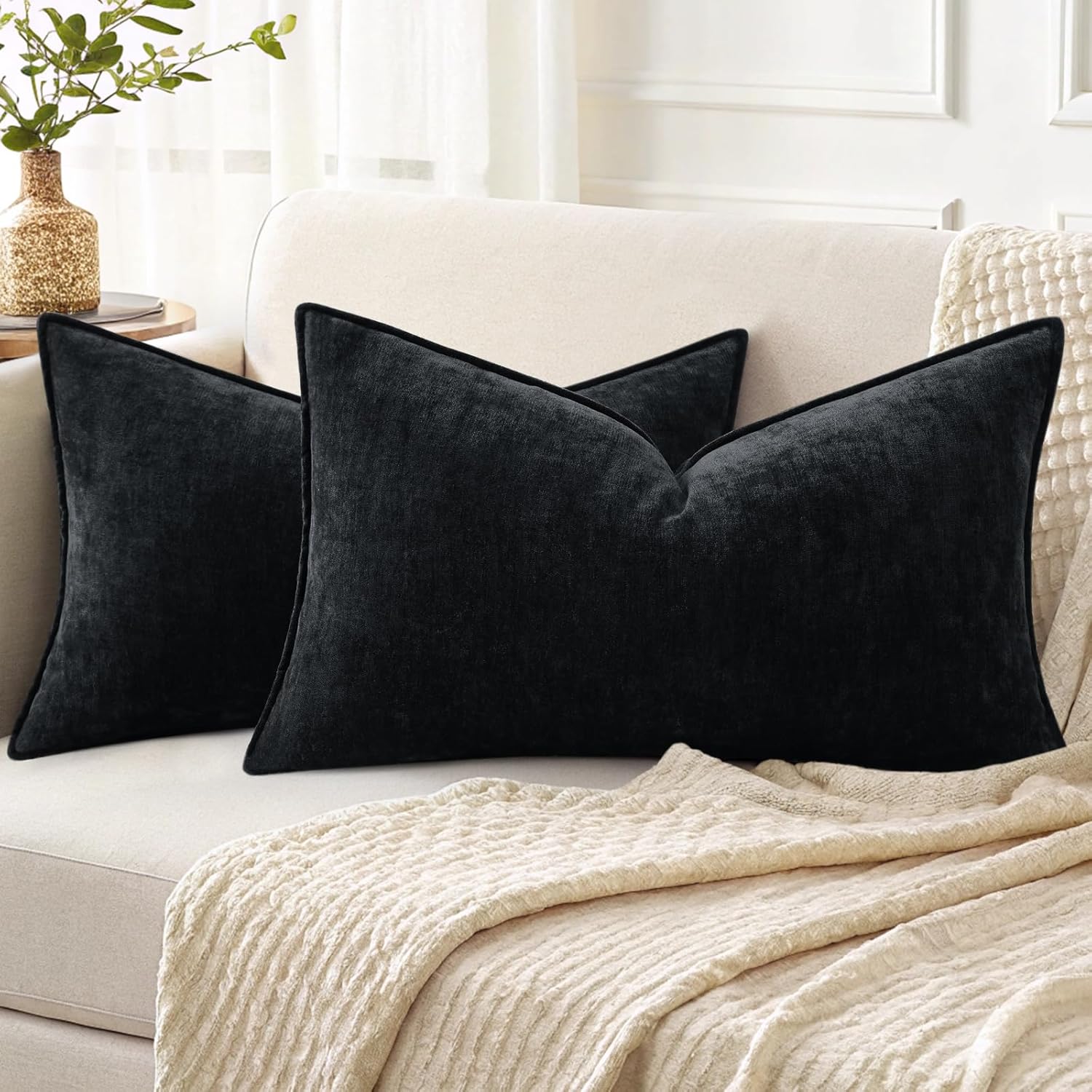 Beige Chenille Throw Pillow Covers Set of 2