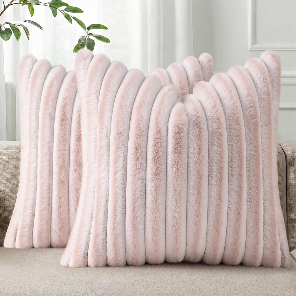 Cream White Striped Faux Fur Pillow Covers