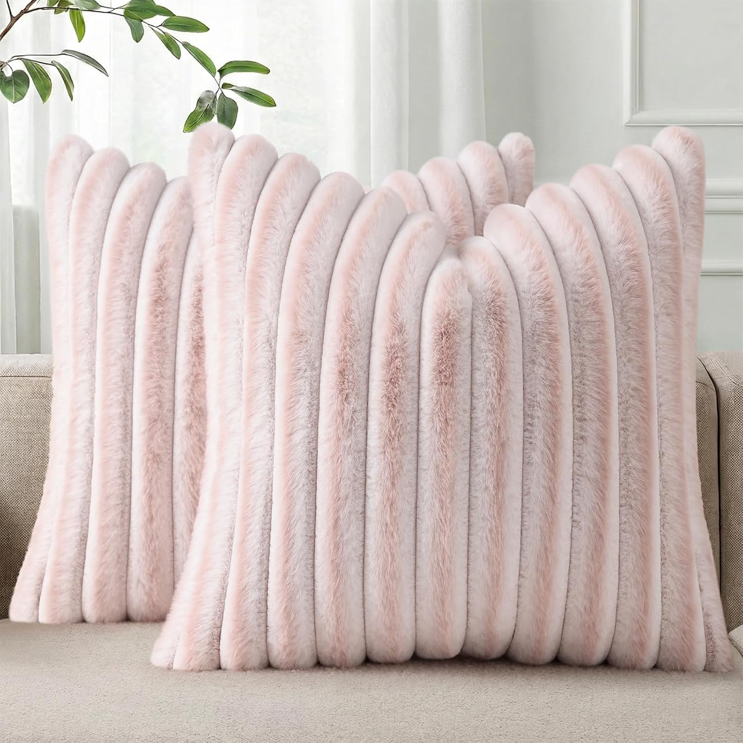 Cream White Striped Faux Fur Pillow Covers