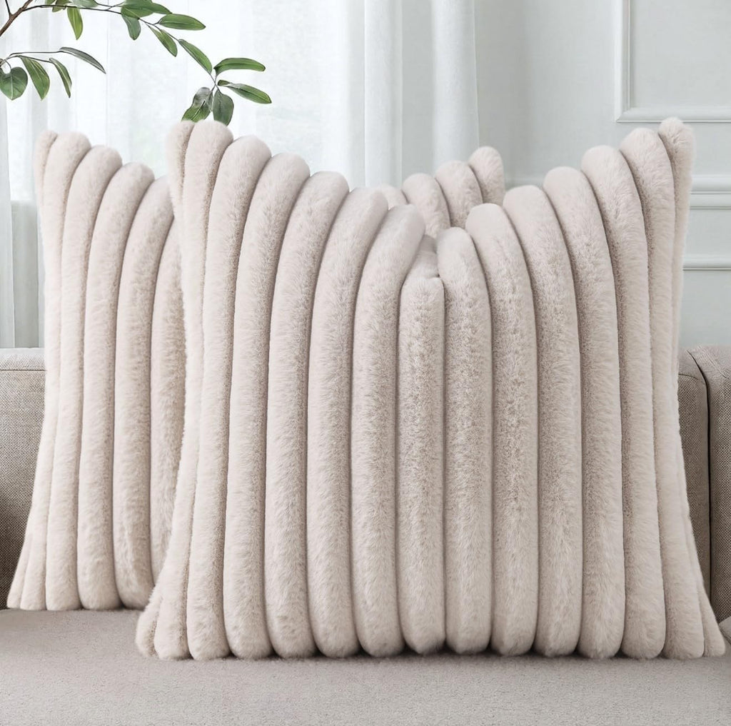 Cream White Striped Faux Fur Pillow Covers