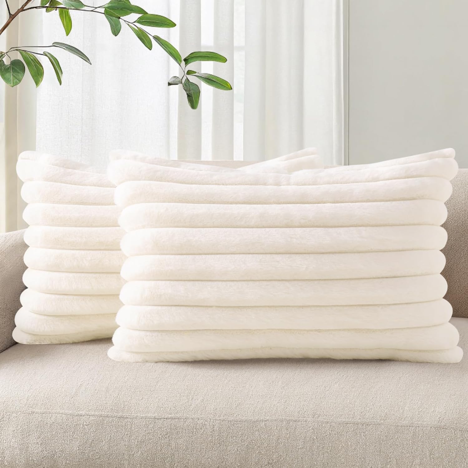 Cream White Striped Faux Fur Pillow Covers