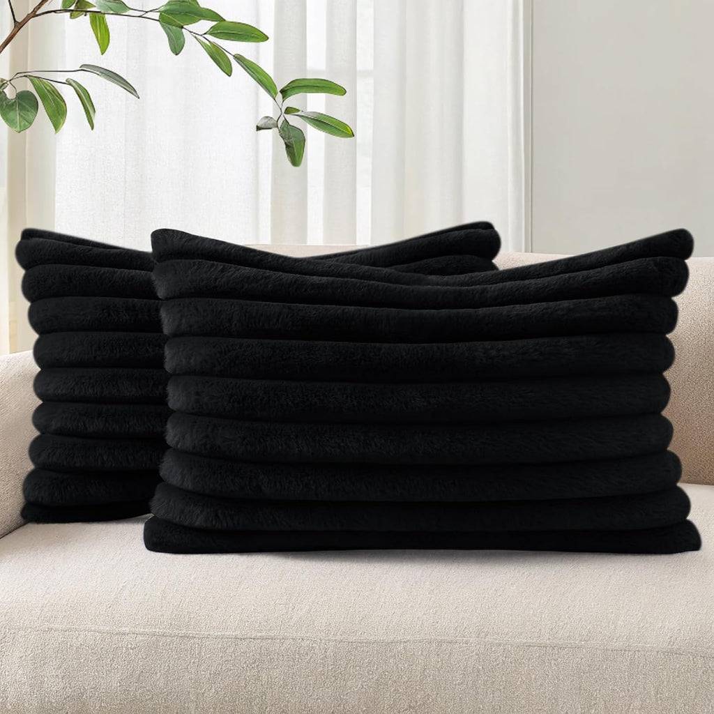 Cream White Striped Faux Fur Pillow Covers