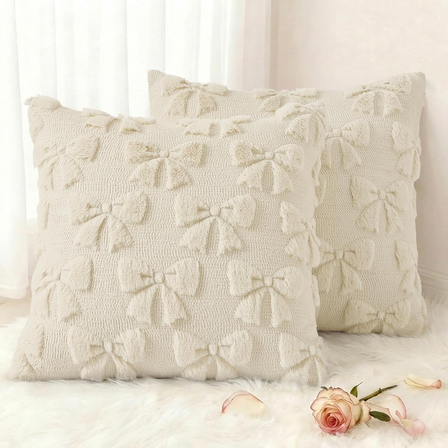 Beige Faux Wool Throw Pillow Covers Set of 2