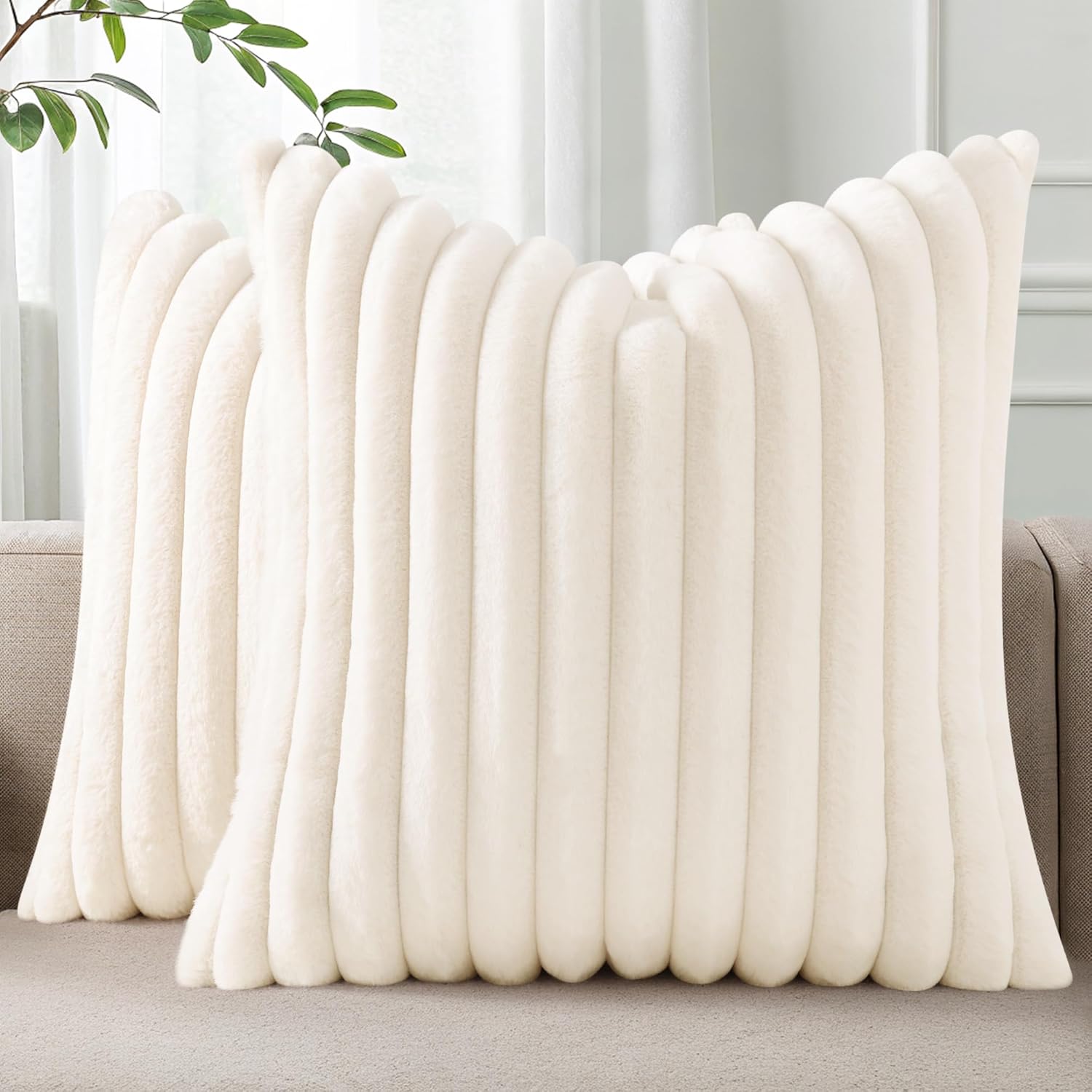 Cream White Striped Faux Fur Pillow Covers