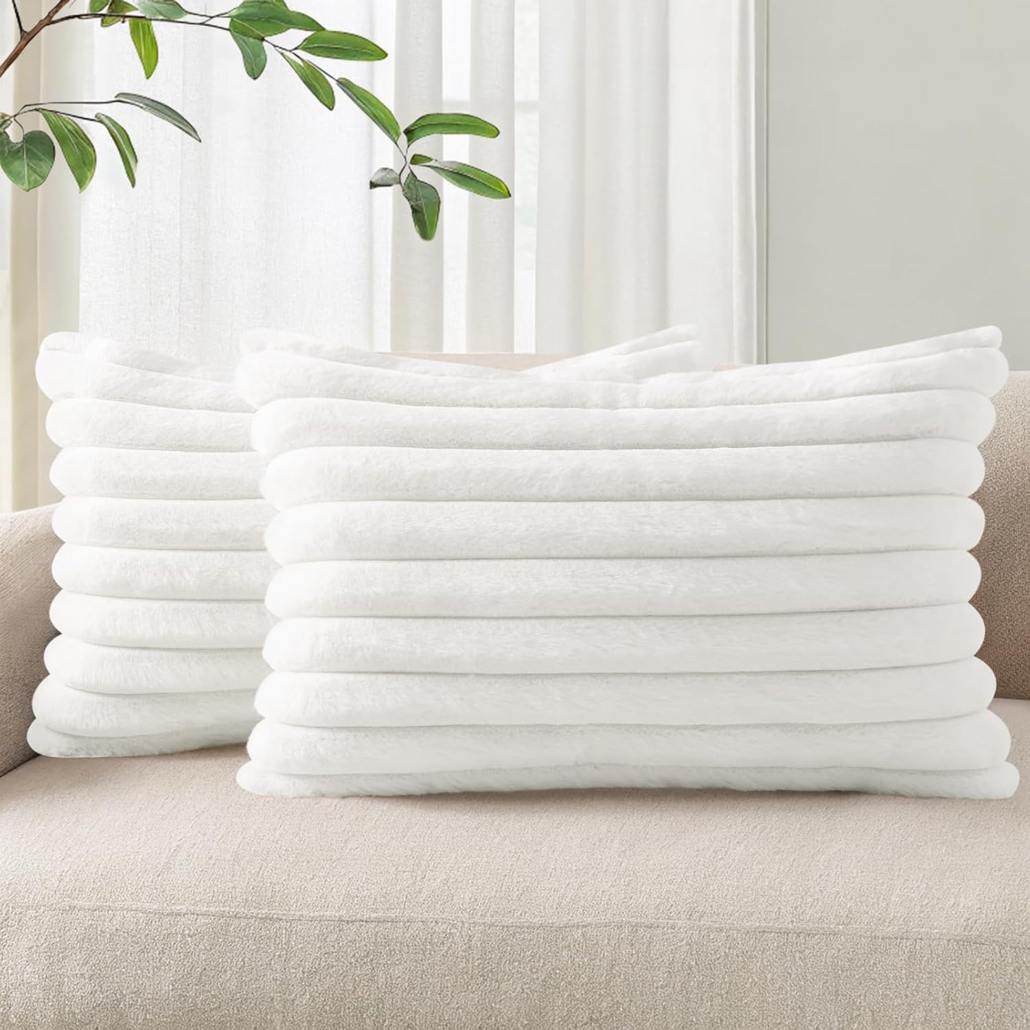 Cream White Striped Faux Fur Pillow Covers