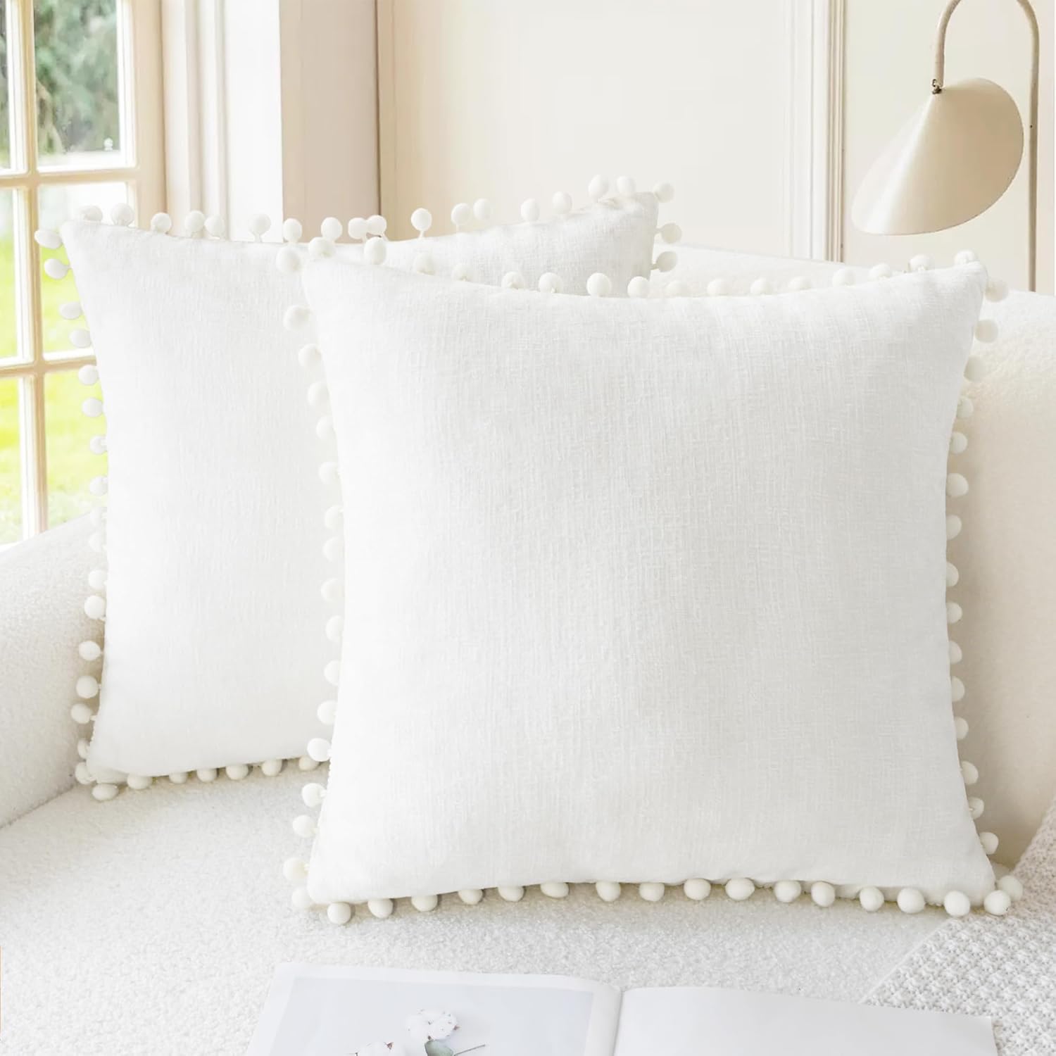 Apricot Brown Chenille Pillow Covers with Pom Poms