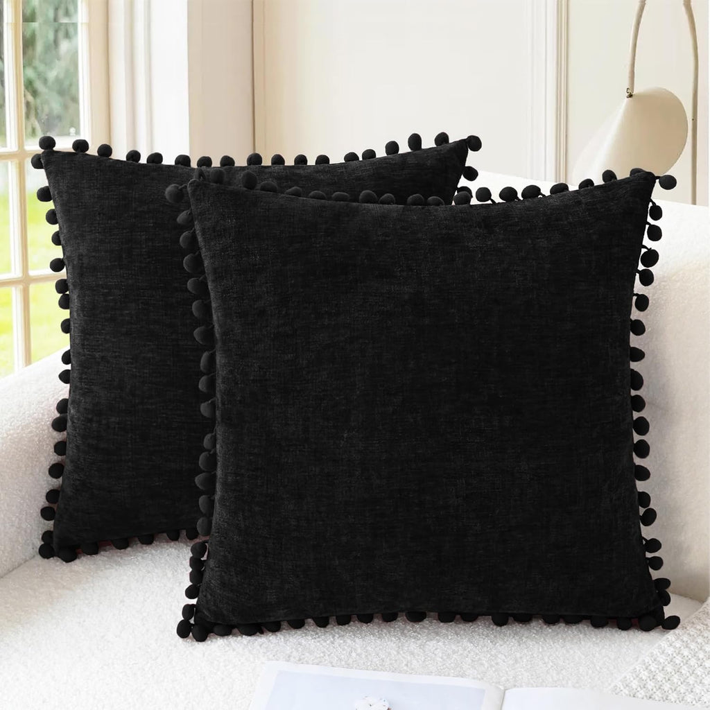 Apricot Brown Chenille Pillow Covers with Pom Poms