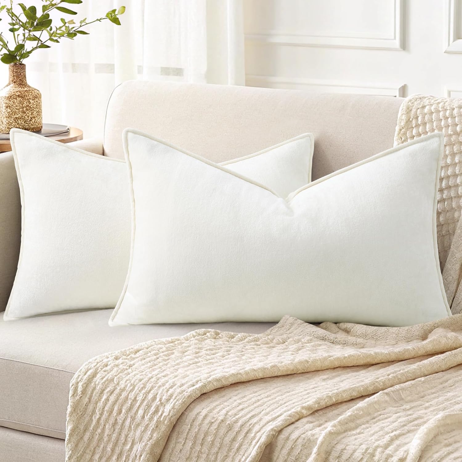 Beige Chenille Throw Pillow Covers Set of 2