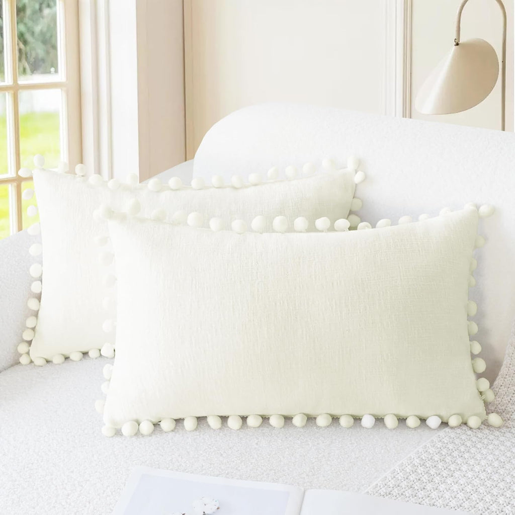 Apricot Brown Chenille Pillow Covers with Pom Poms