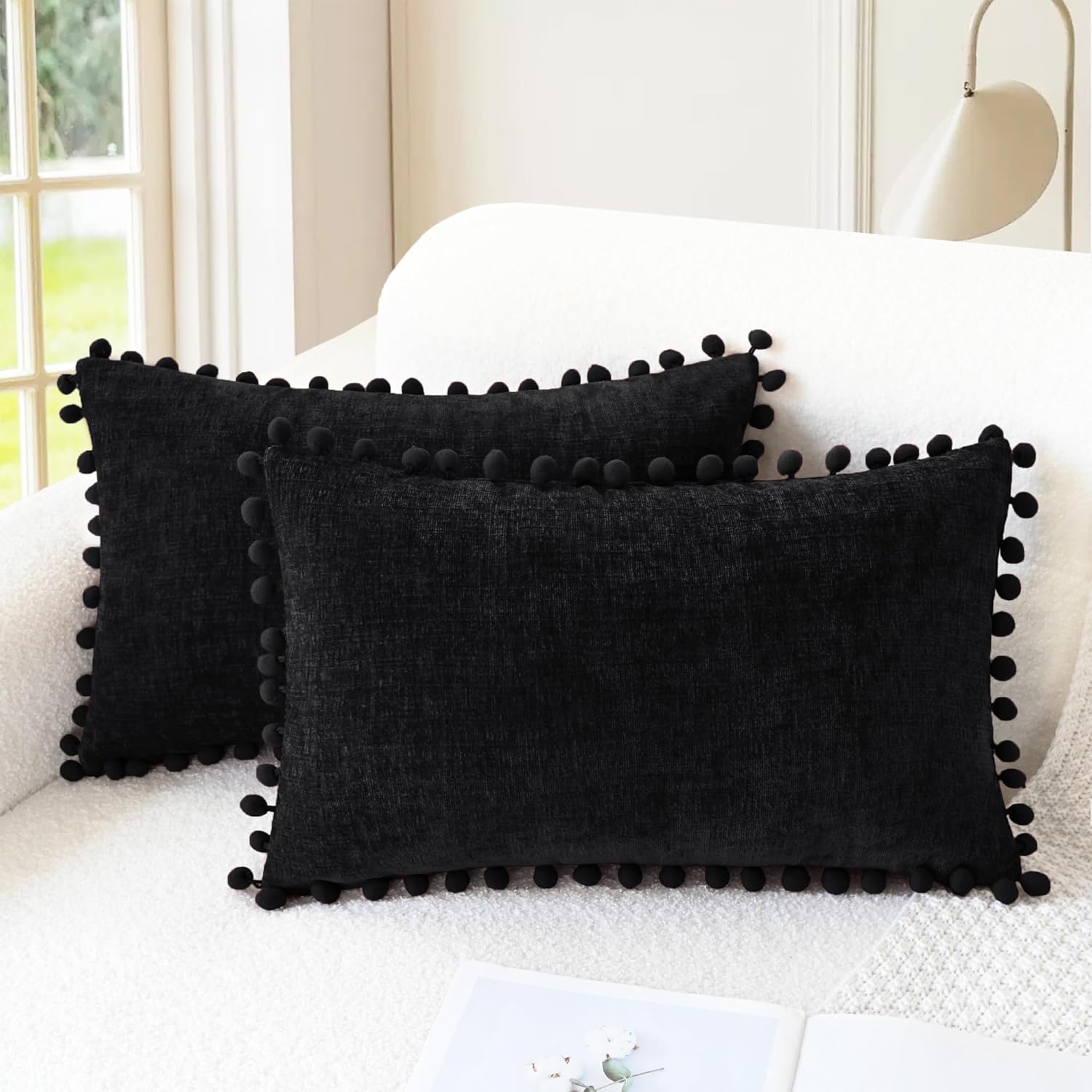 Apricot Brown Chenille Pillow Covers with Pom Poms
