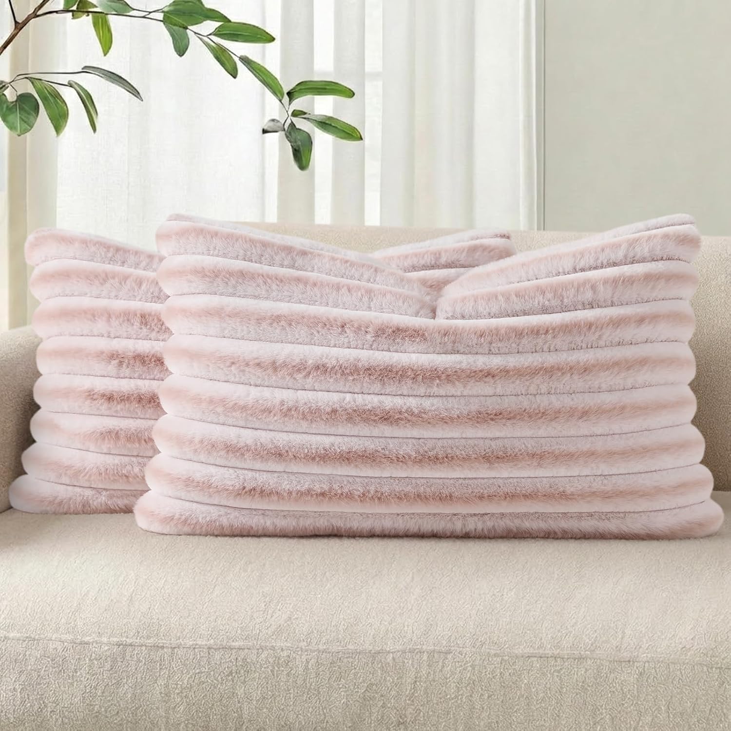 Cream White Striped Faux Fur Pillow Covers