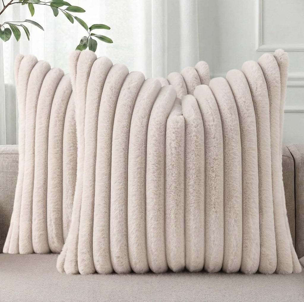 Cream White Striped Faux Fur Pillow Covers