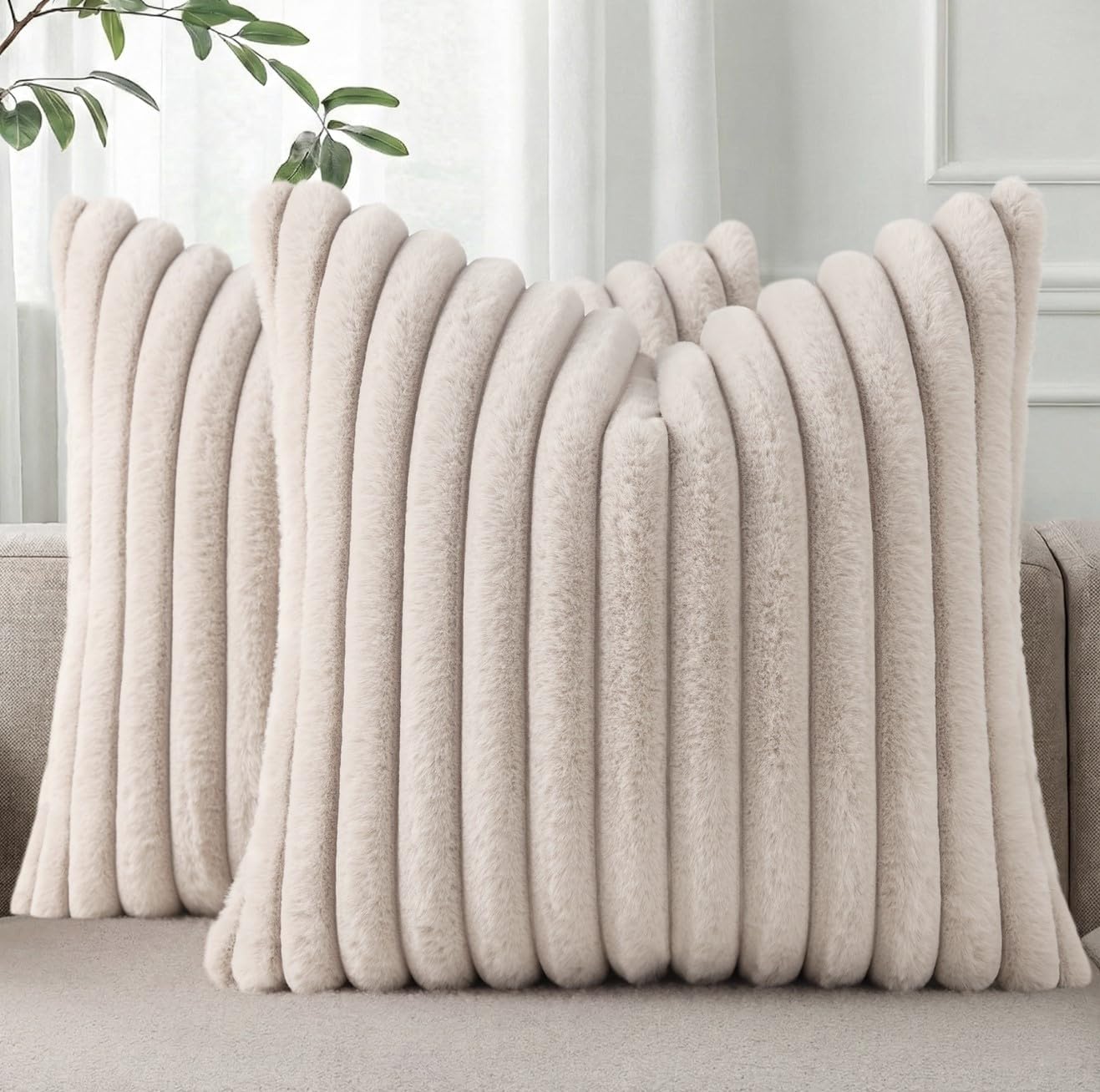 Cream White Striped Faux Fur Pillow Covers