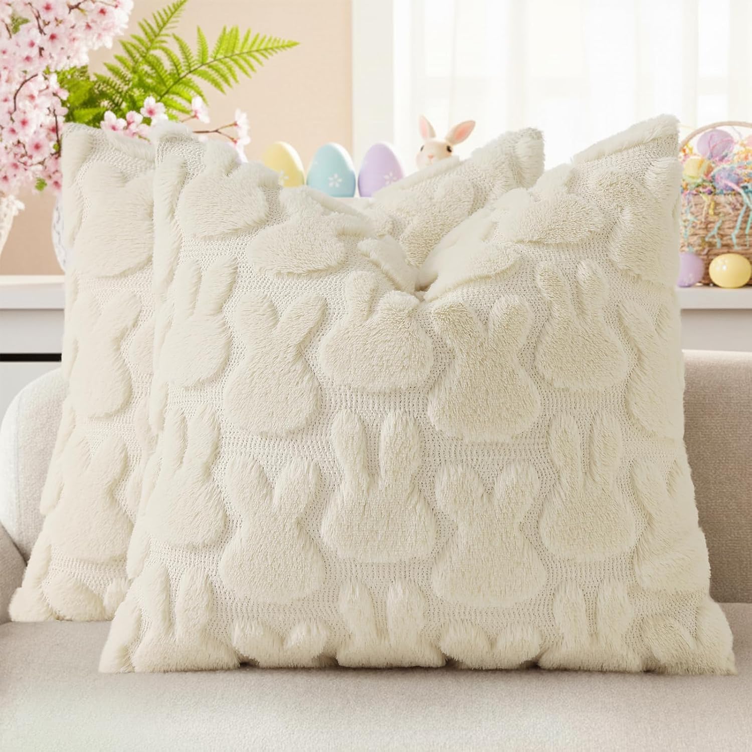 Beige Faux Wool Throw Pillow Covers Set of 2