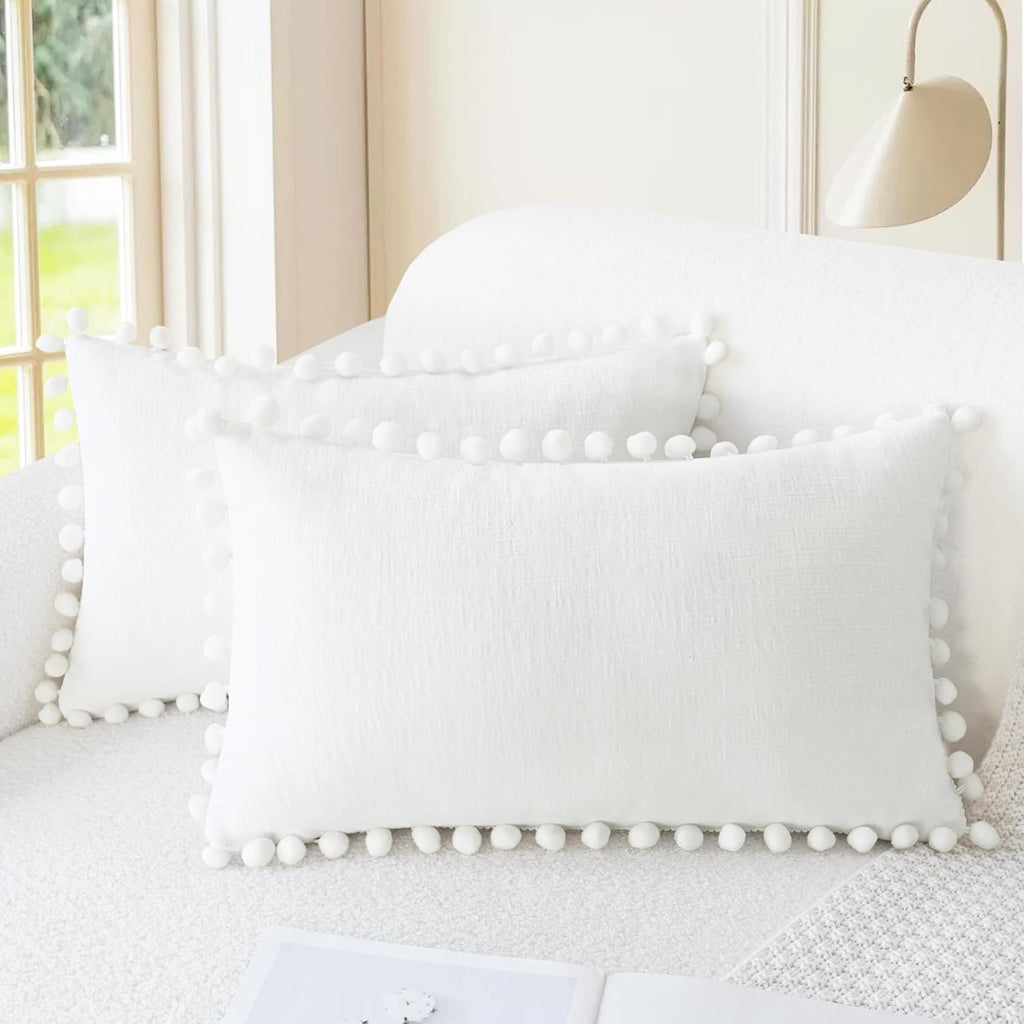 Apricot Brown Chenille Pillow Covers with Pom Poms