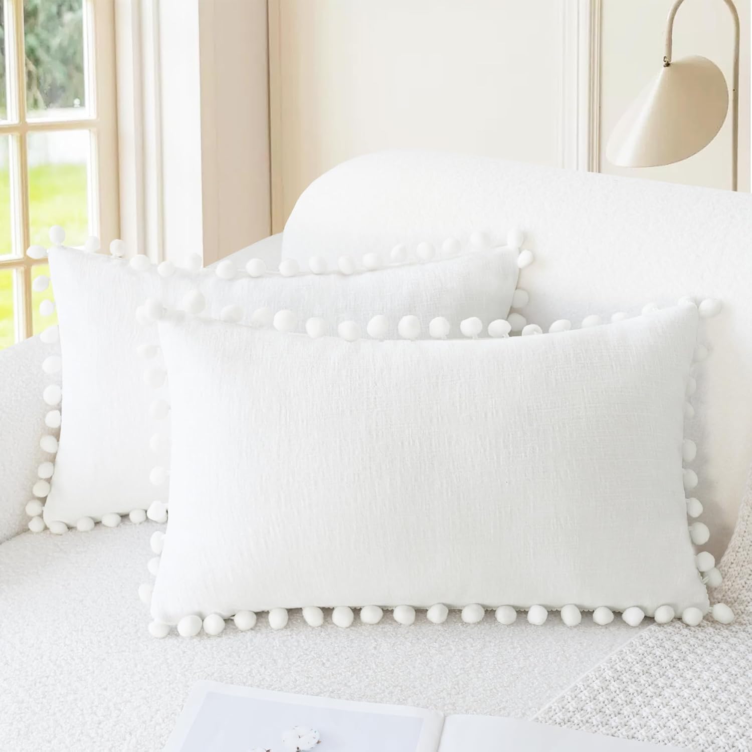 Apricot Brown Chenille Pillow Covers with Pom Poms
