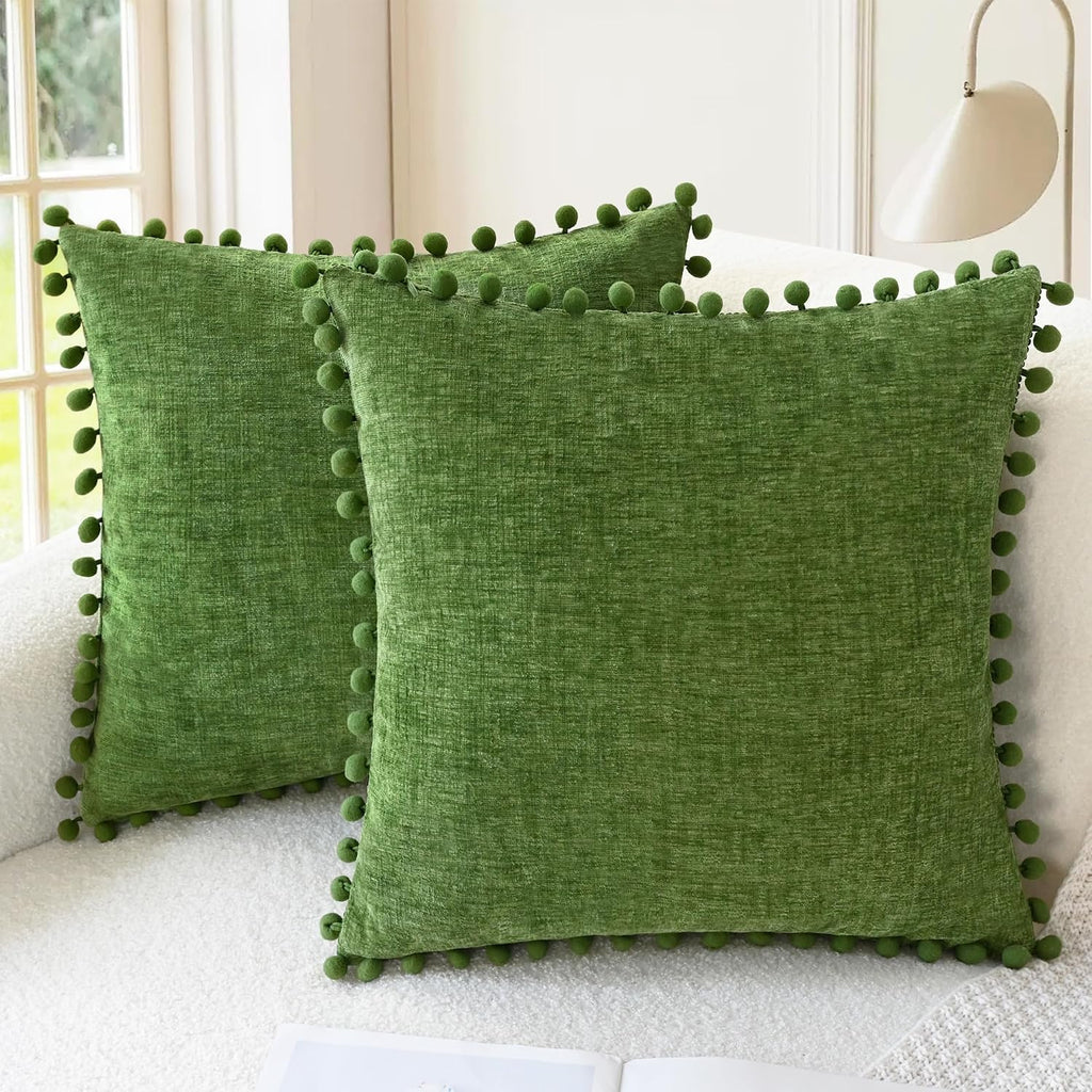 Apricot Brown Chenille Pillow Covers with Pom Poms