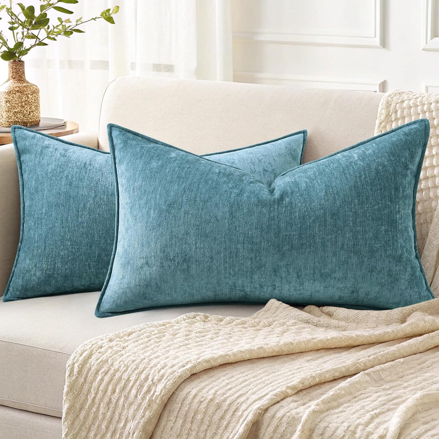 Beige Chenille Throw Pillow Covers Set of 2