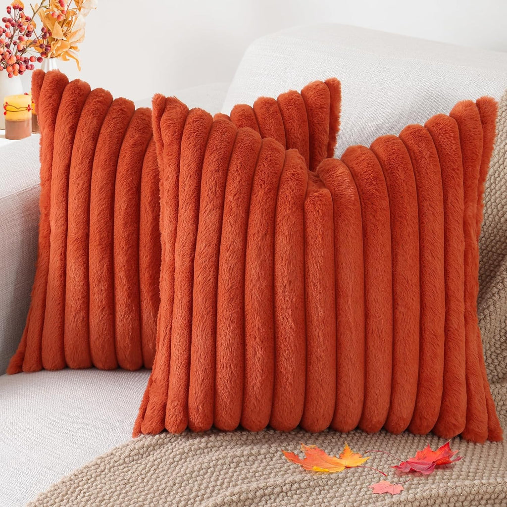 Cream White Striped Faux Fur Pillow Covers