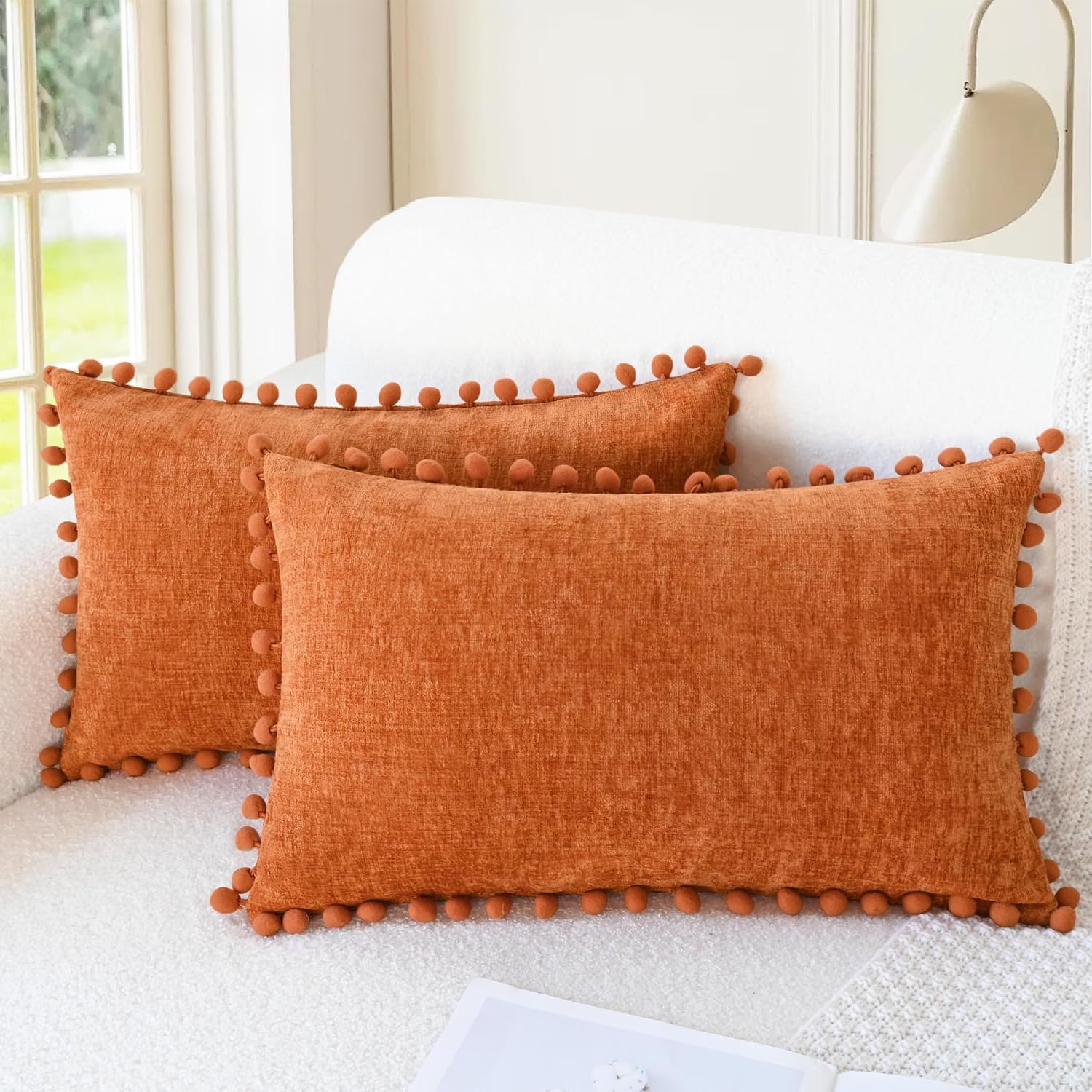 Apricot Brown Chenille Pillow Covers with Pom Poms