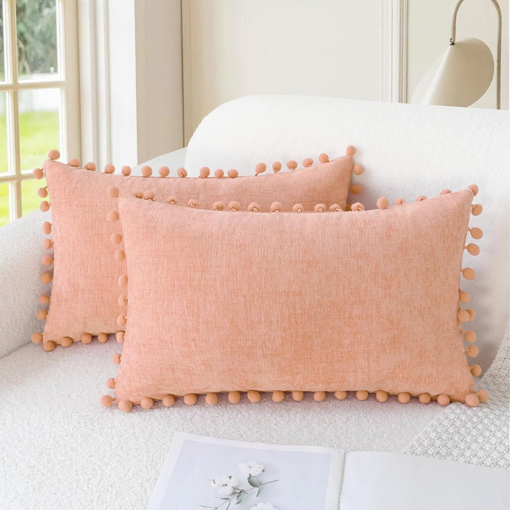 Apricot Brown Chenille Pillow Covers with Pom Poms