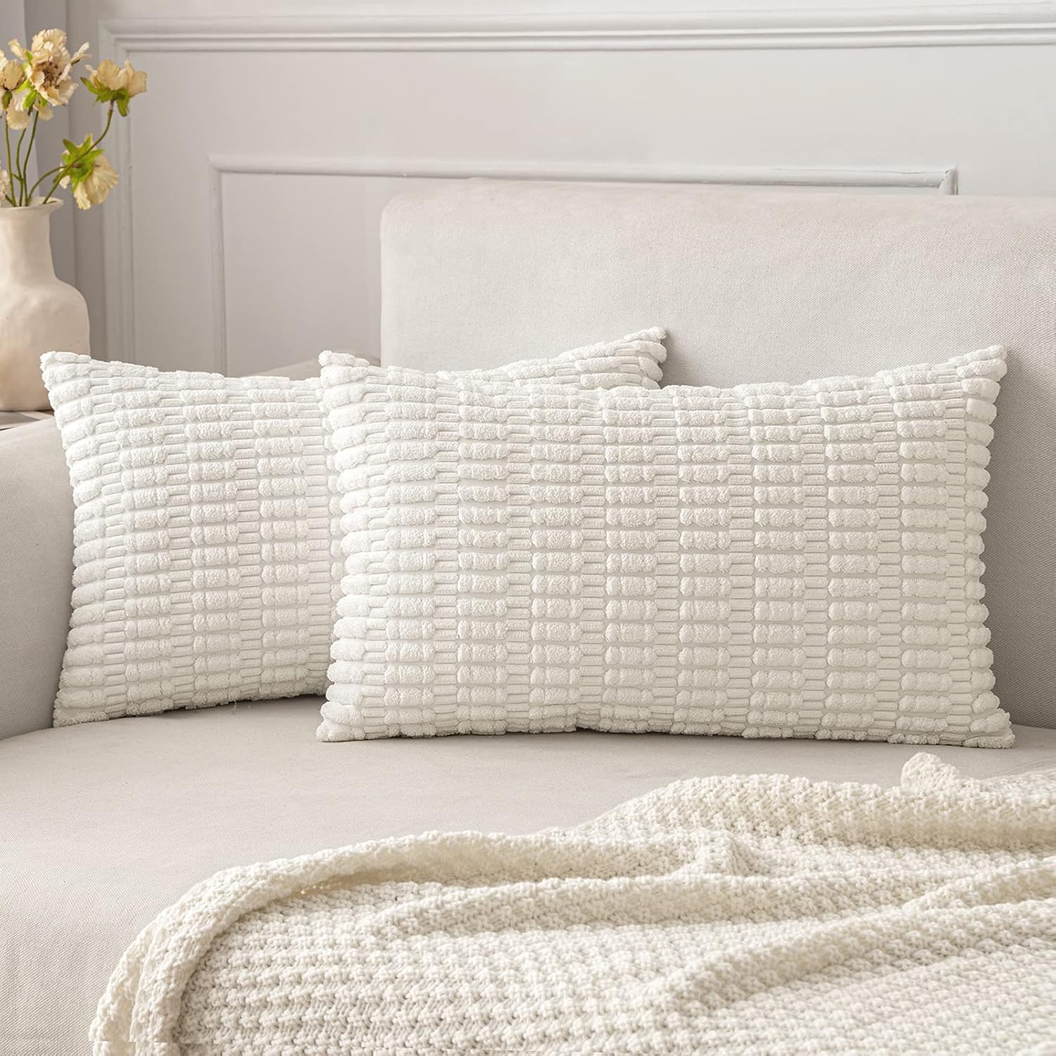 Cream White Boho Corduroy Striped Pillow Covers