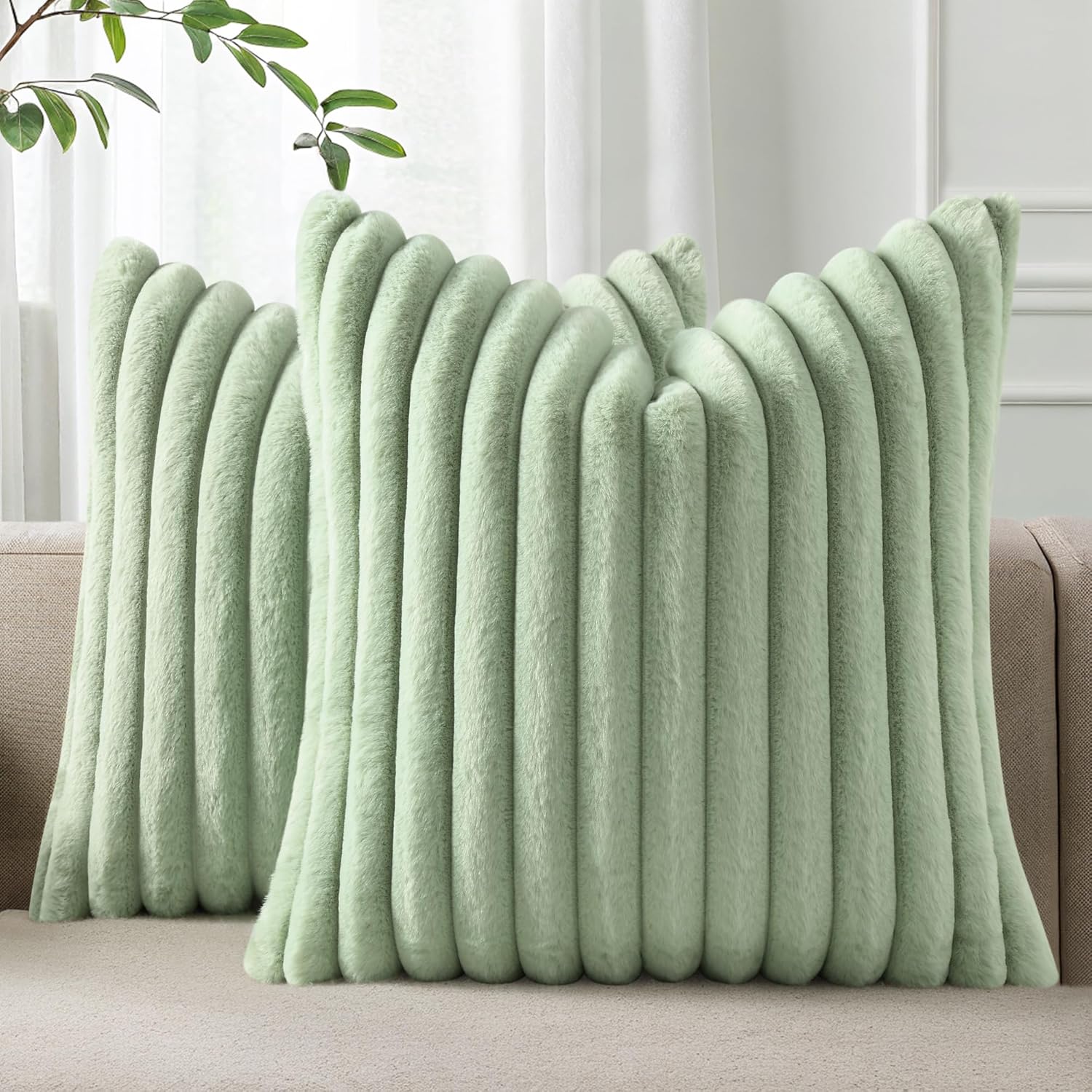 Cream White Striped Faux Fur Pillow Covers