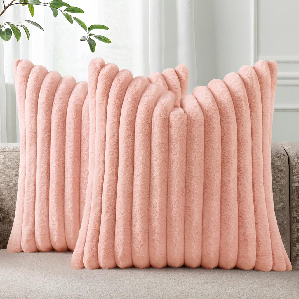 Cream White Striped Faux Fur Pillow Covers