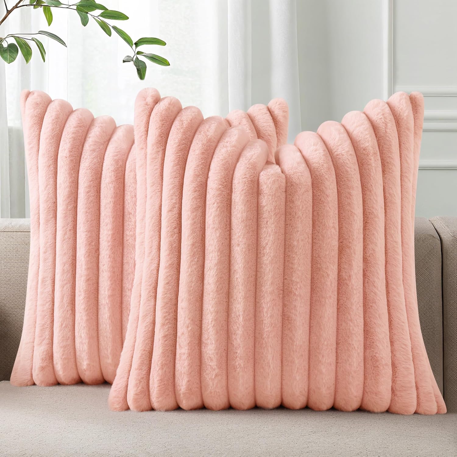 Cream White Striped Faux Fur Pillow Covers