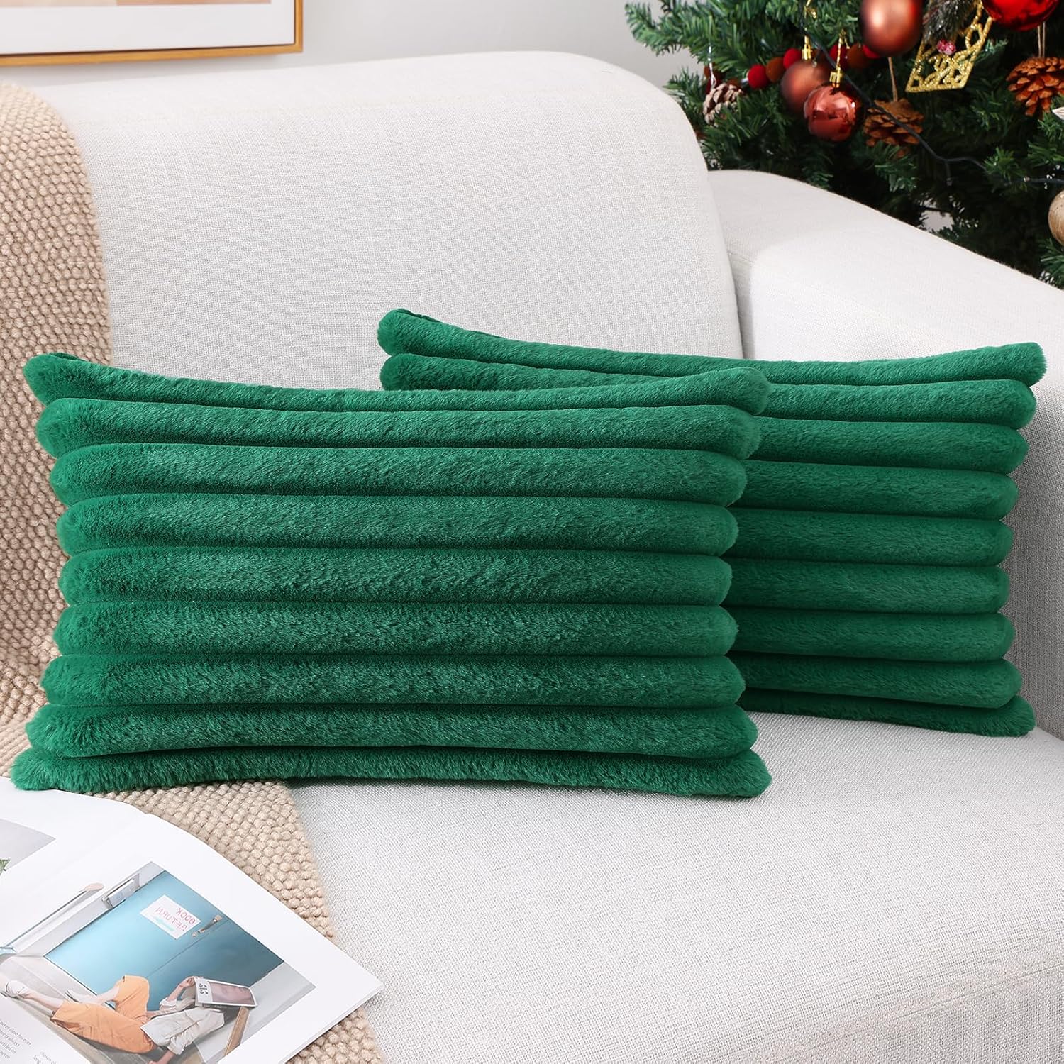 Cream White Striped Faux Fur Pillow Covers