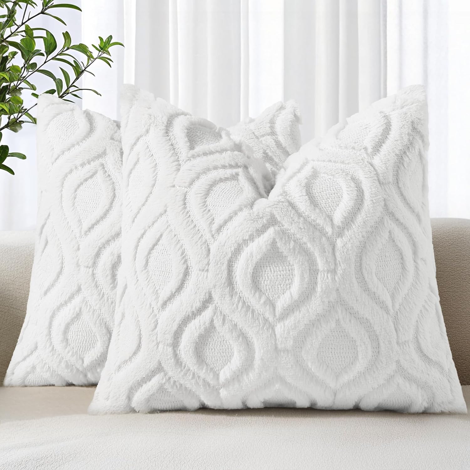 Beige Faux Wool Throw Pillow Covers Set of 2