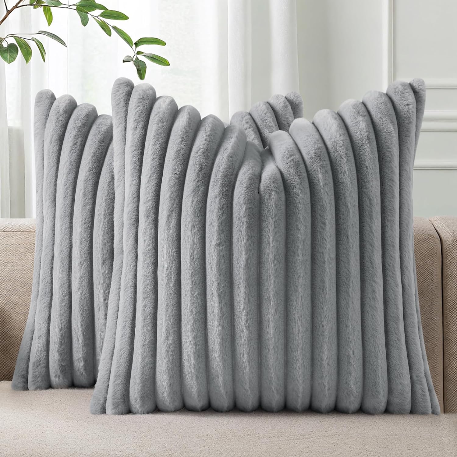 Cream White Striped Faux Fur Pillow Covers