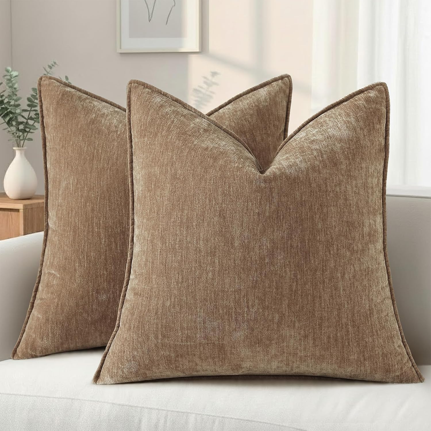 Beige Chenille Throw Pillow Covers Set of 2