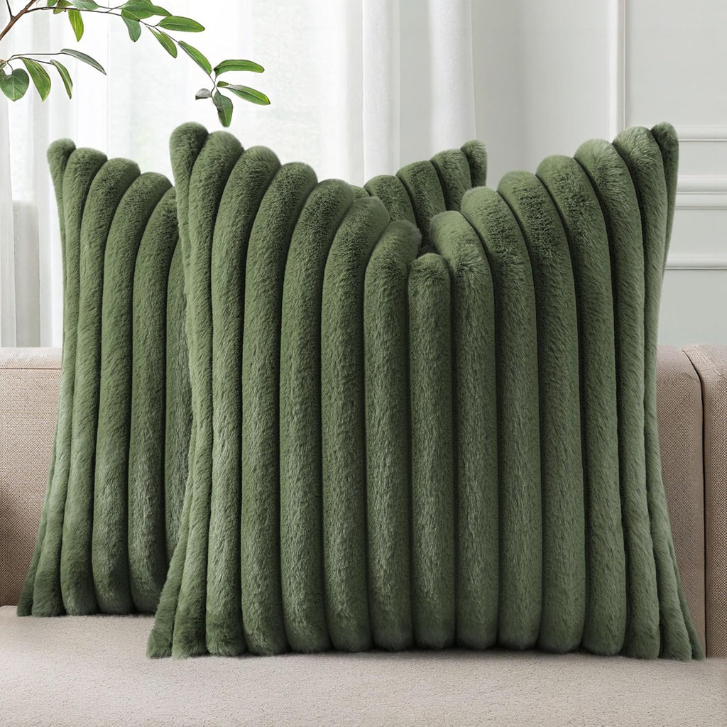 Cream White Striped Faux Fur Pillow Covers