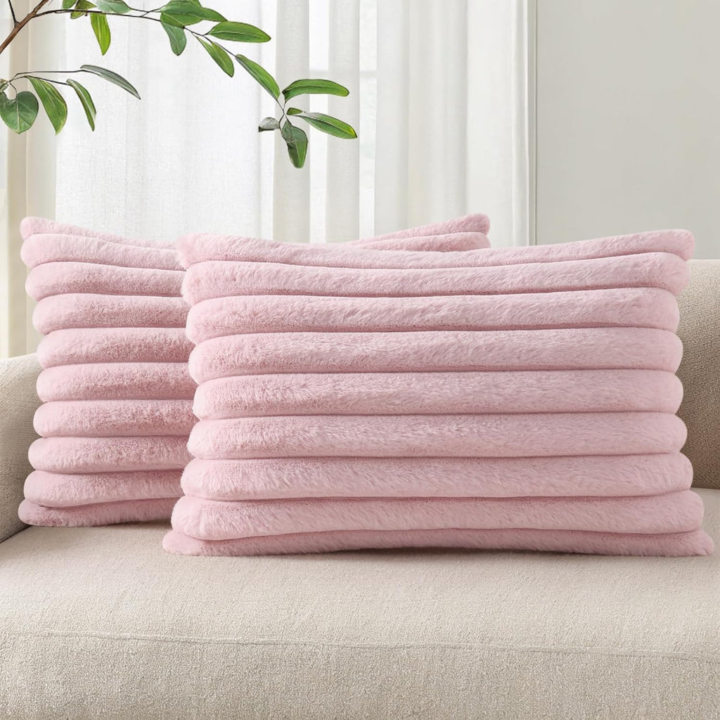 Cream White Striped Faux Fur Pillow Covers