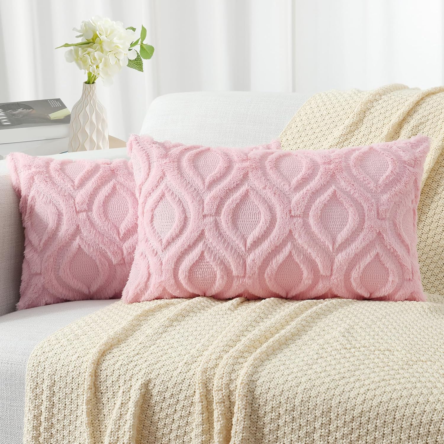 Beige Faux Wool Throw Pillow Covers Set of 2