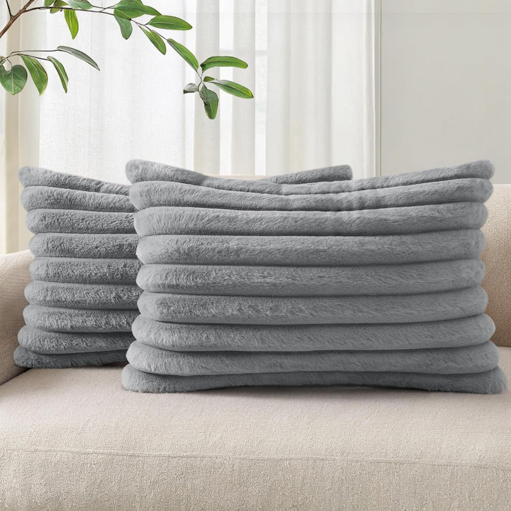 Cream White Striped Faux Fur Pillow Covers