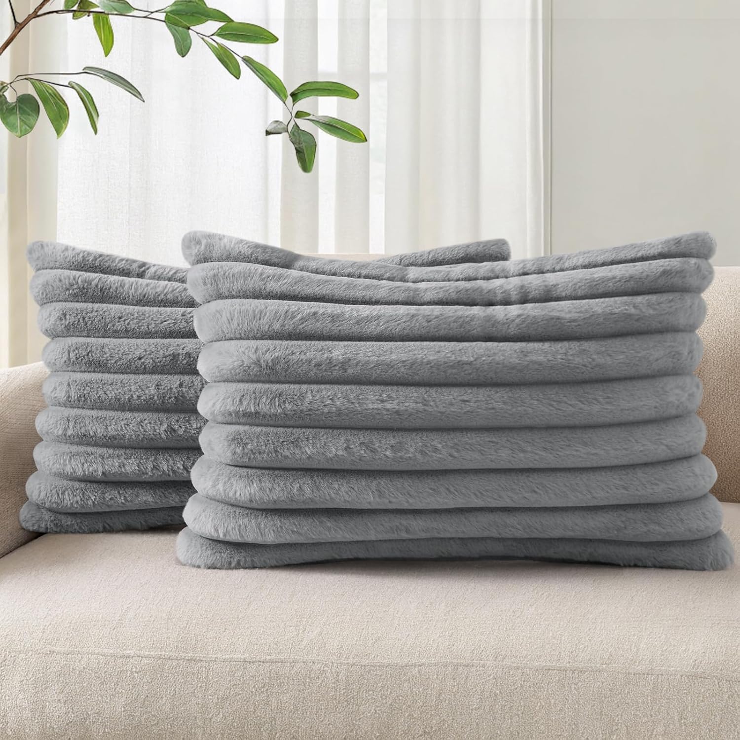 Cream White Striped Faux Fur Pillow Covers
