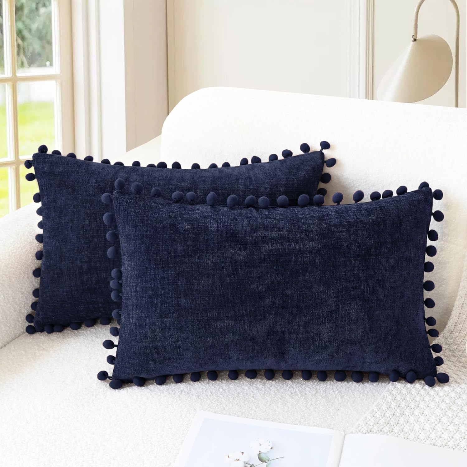Apricot Brown Chenille Pillow Covers with Pom Poms