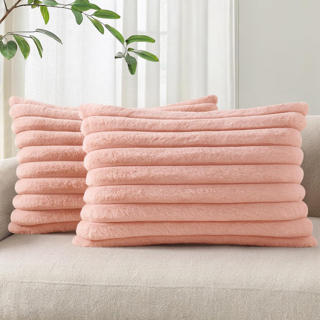 Cream White Striped Faux Fur Pillow Covers