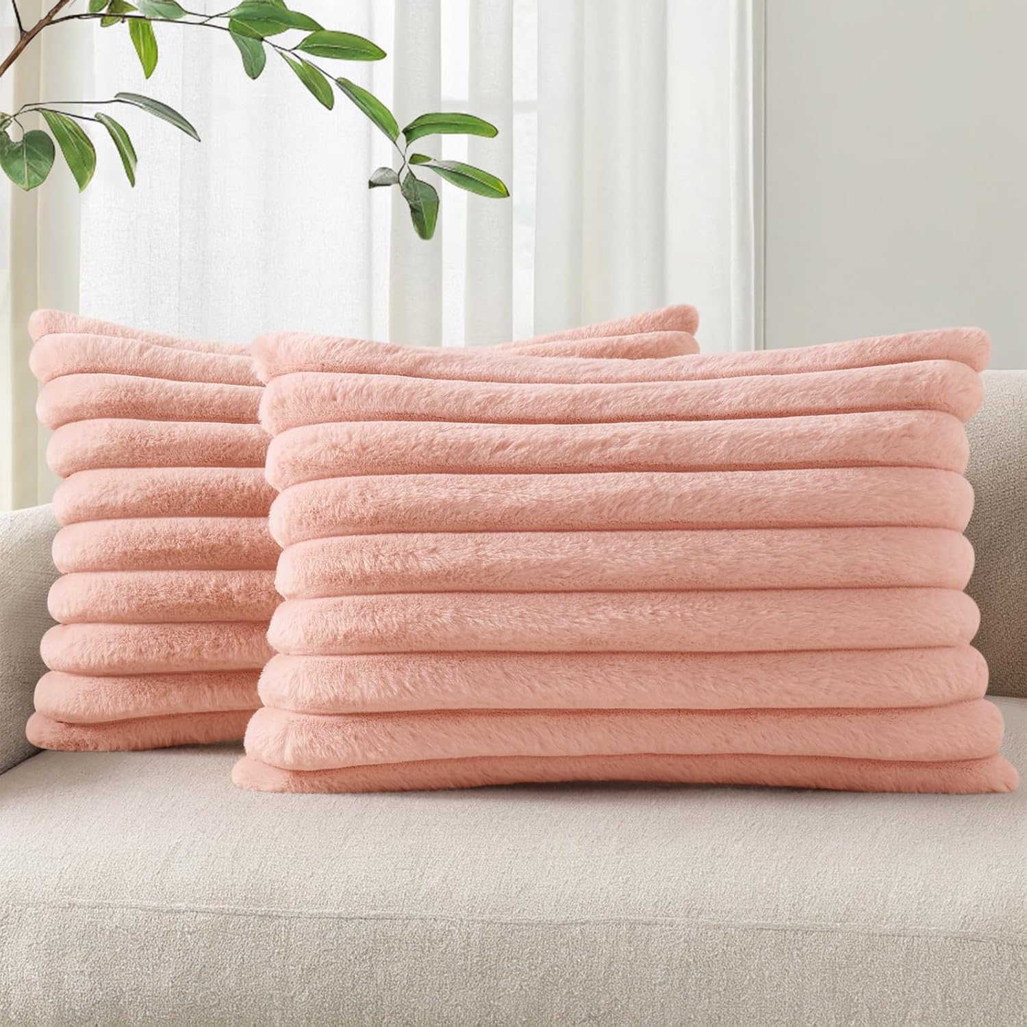 Cream White Striped Faux Fur Pillow Covers
