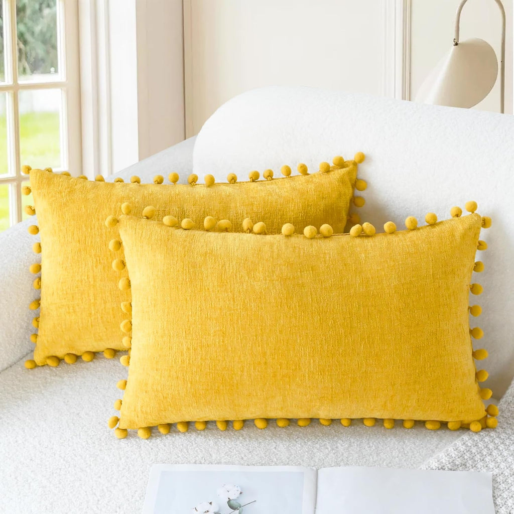 Apricot Brown Chenille Pillow Covers with Pom Poms