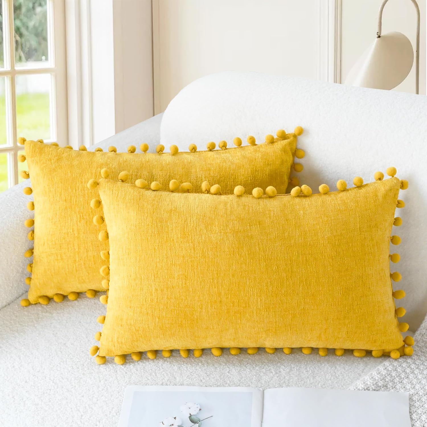Apricot Brown Chenille Pillow Covers with Pom Poms