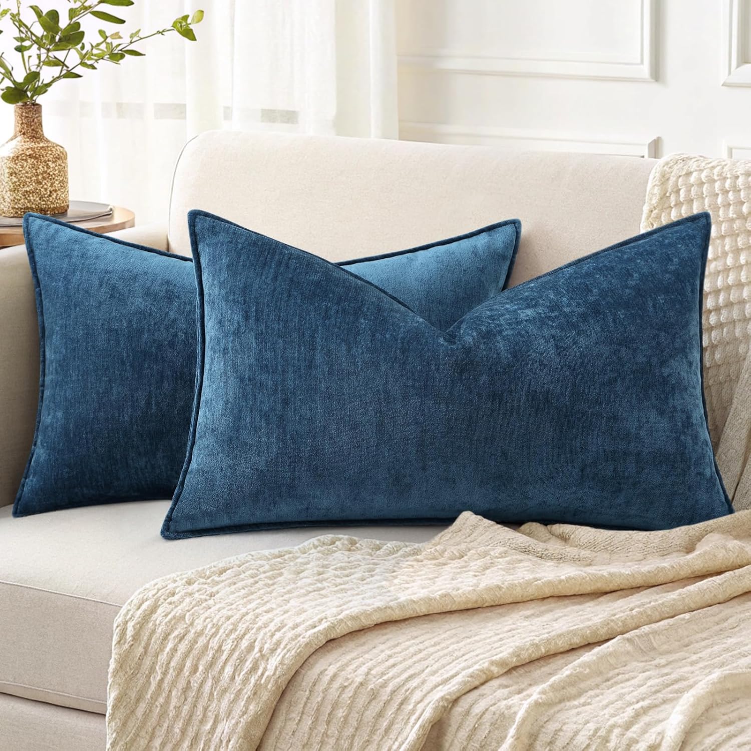 Beige Chenille Throw Pillow Covers Set of 2