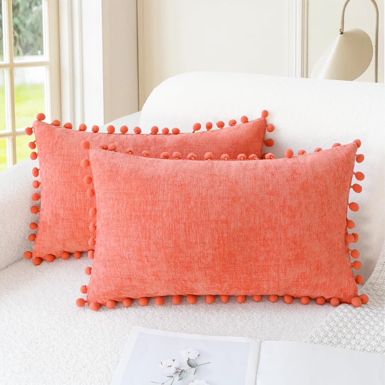 Apricot Brown Chenille Pillow Covers with Pom Poms